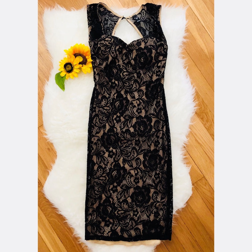 Windsor Illusion lacy black dress w/ nude underlay and semi open back